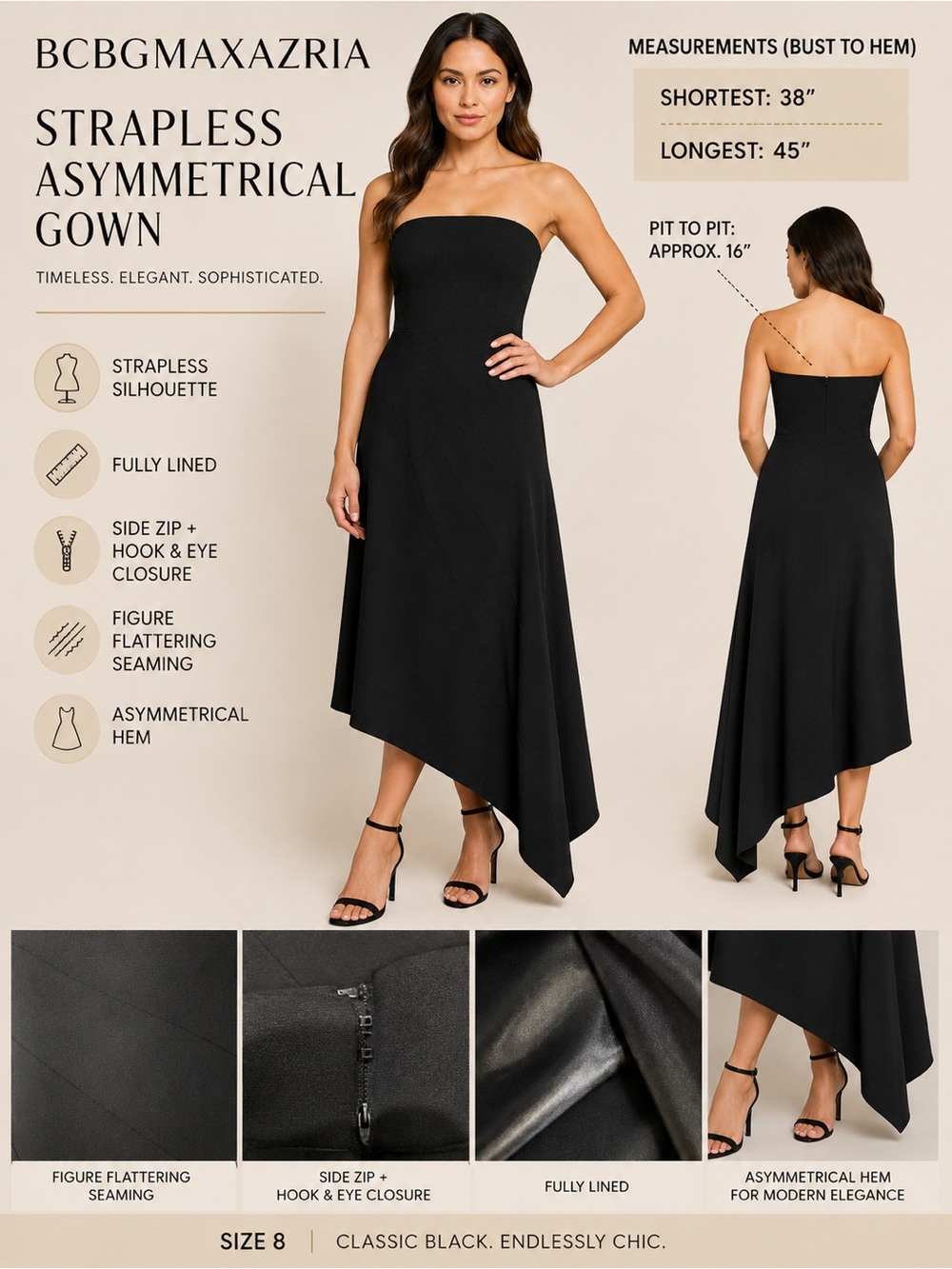 BCBGMAXAZRIA Black Strapless Asymmetrical Hem Formal Dress Gown Size 8 - Picture 5 of 12